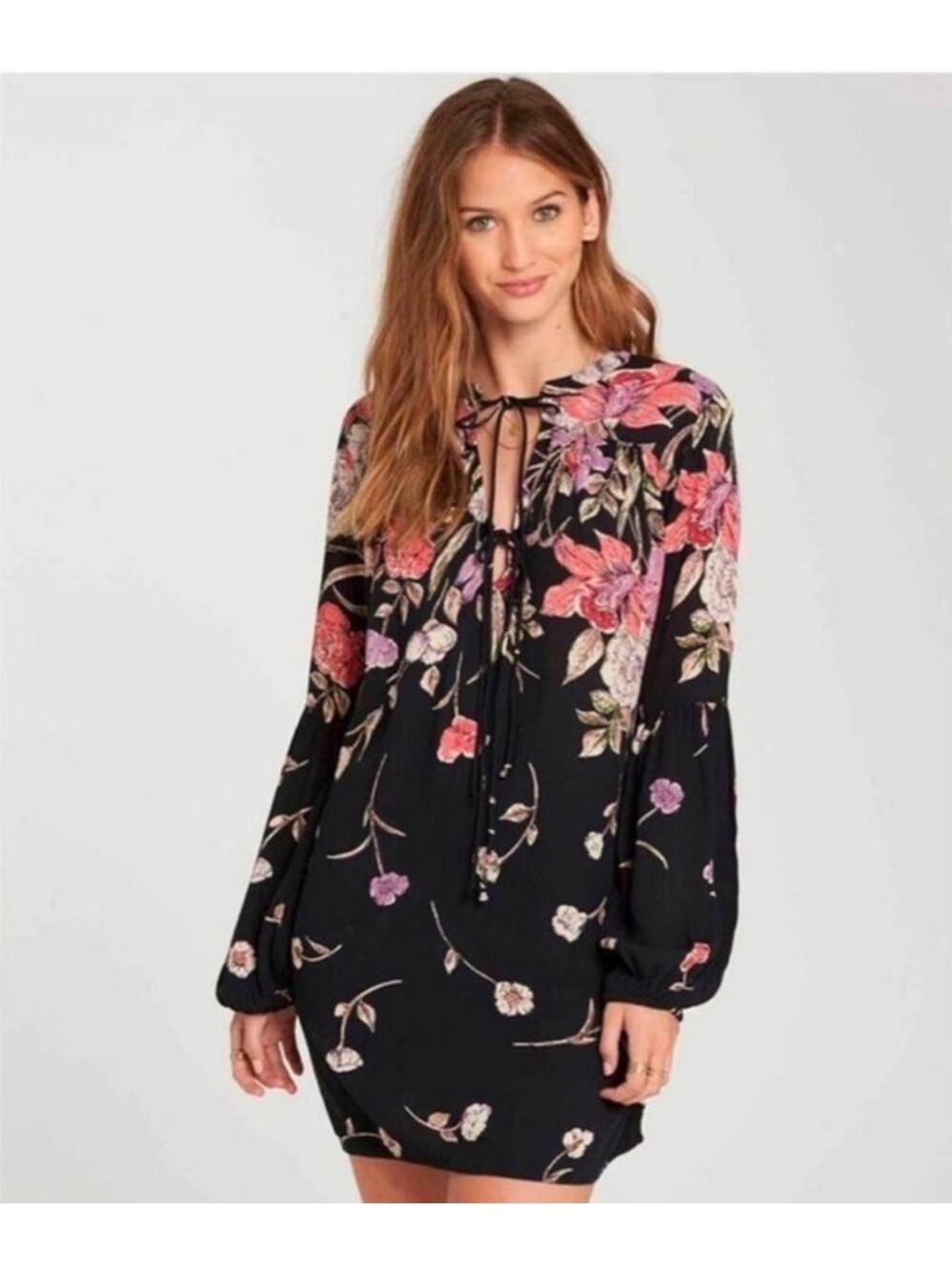 Billabong‎ Black Floral Boho Peasant Mini Dress Tunic Blouse Size Medium